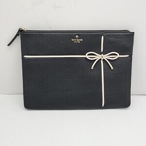Kate Spade Cherry Street Gia Clutch Black Pebble Leather White Bow 10.5" X 7.5"